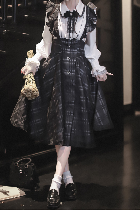 エレガントロングチェックサススカート＋シャツ＋リボン