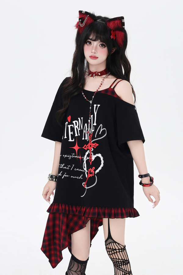 Staggered Lattice Patchwork Strapless Midi T-Shirt