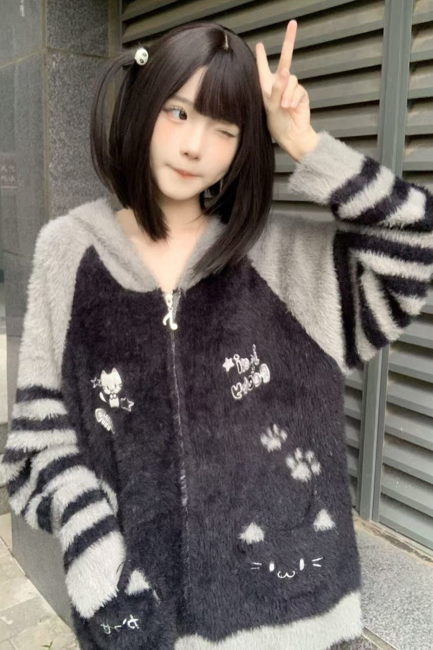 キャットルーズフードジッパーカーディガン