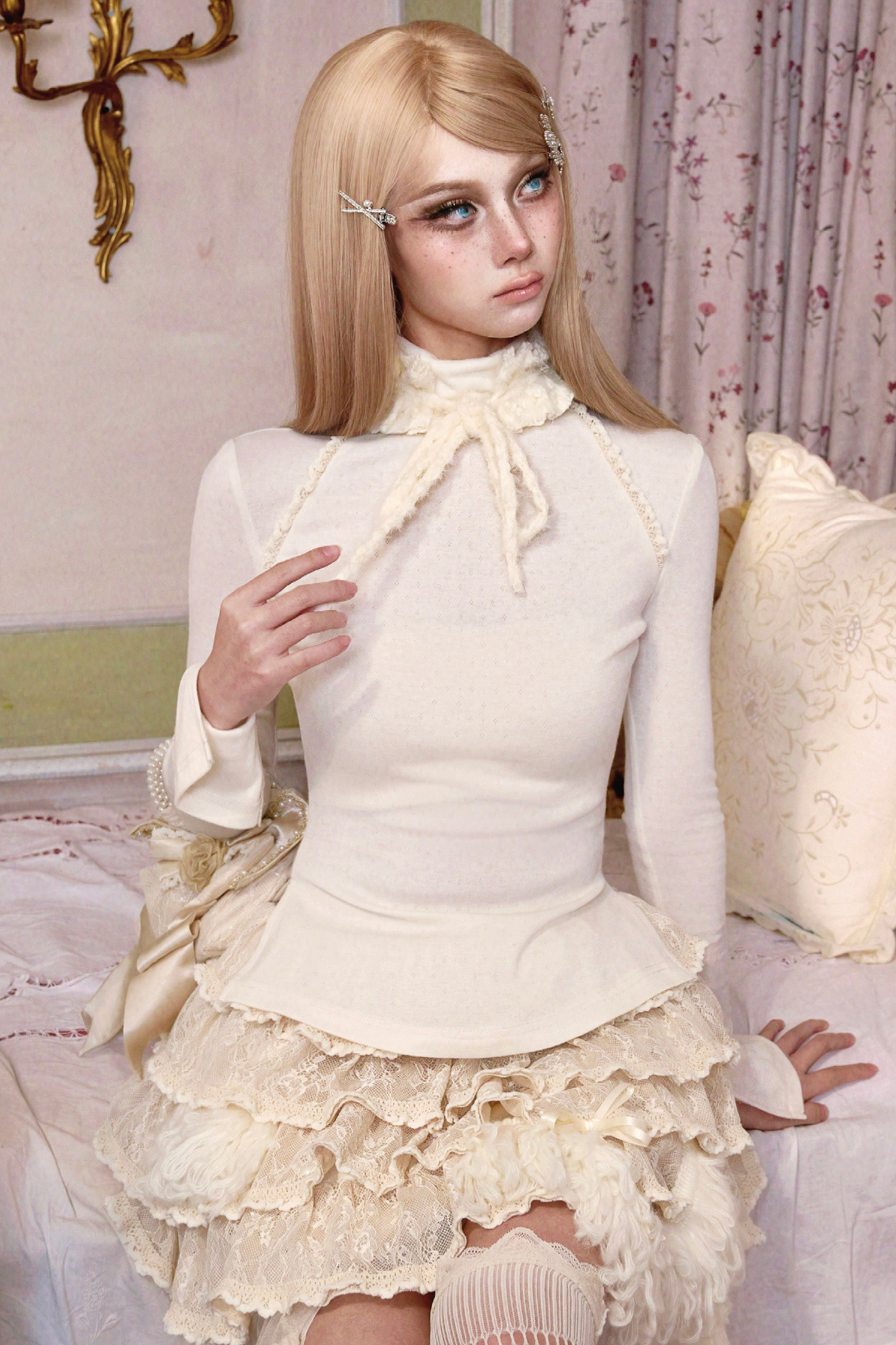 タイトピュアタートルネックトップス+ファーハット