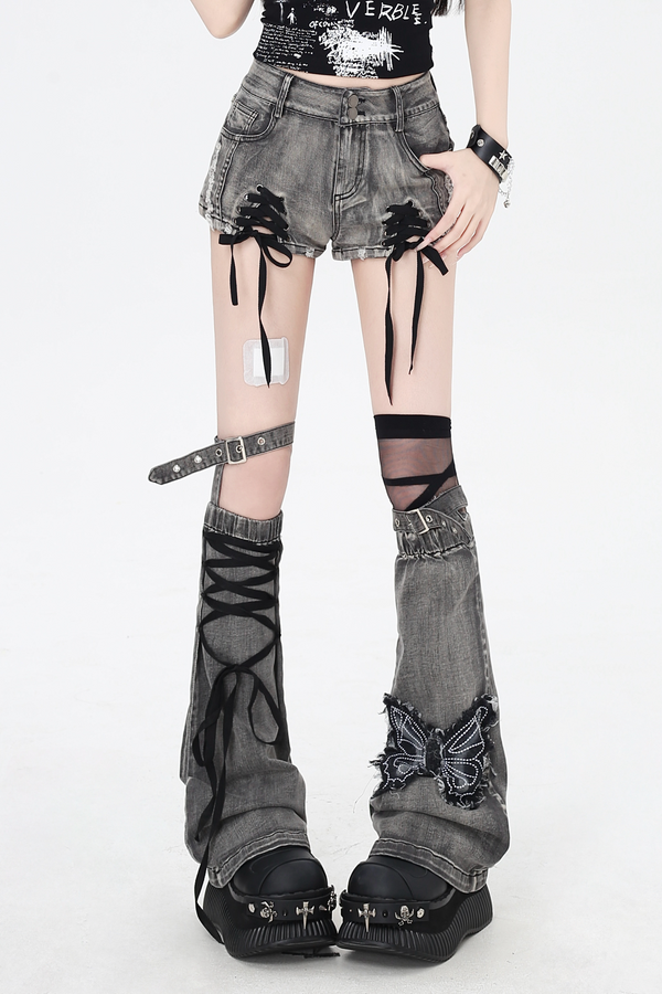 カラーレースアップリボンデニムショーツ