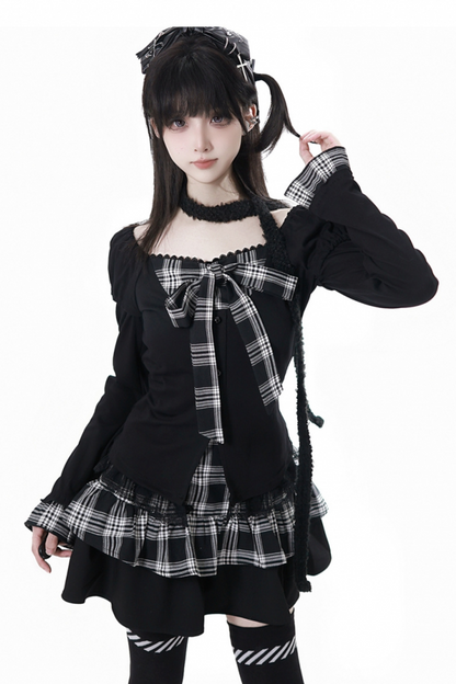 チェックリボントップス+スカート