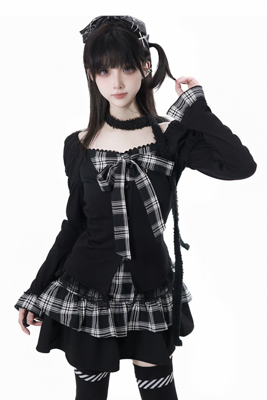 チェックリボントップス+スカート