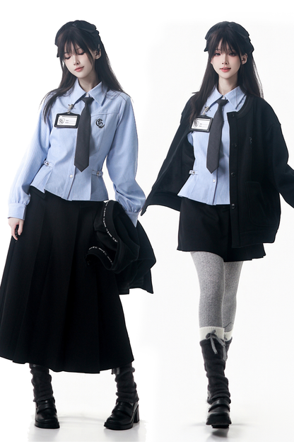 カレッジブルーシャツ+カーディガン+ショートスカート+ロングスカート