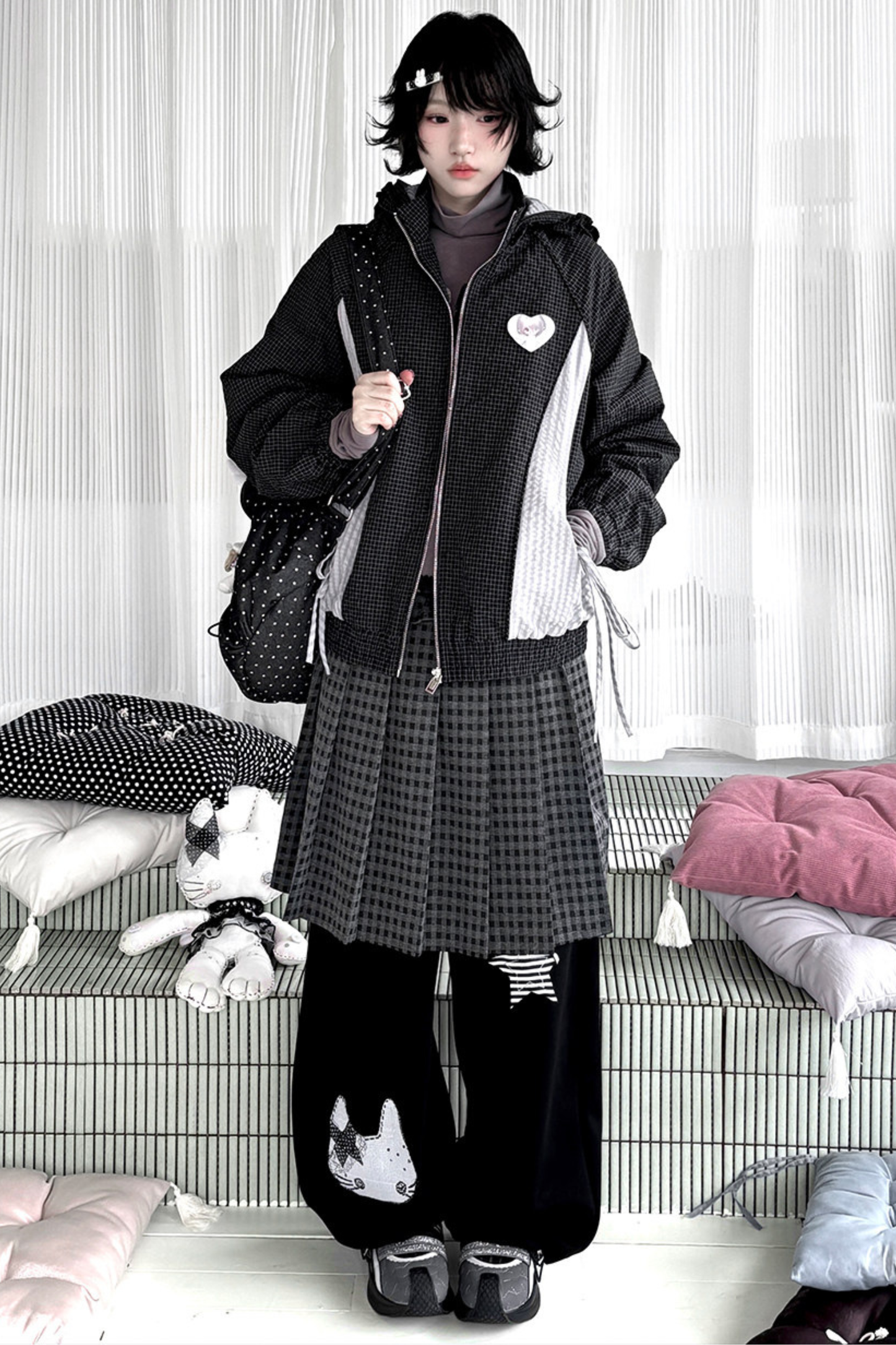 Animal Doll Print Top + Pleated Skirt + Wide Pants + Jacket