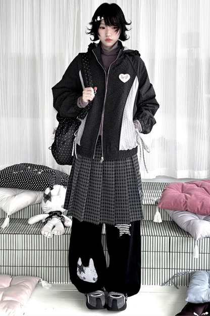Animal Doll Print Top + Pleated Skirt + Wide Pants + Jacket
