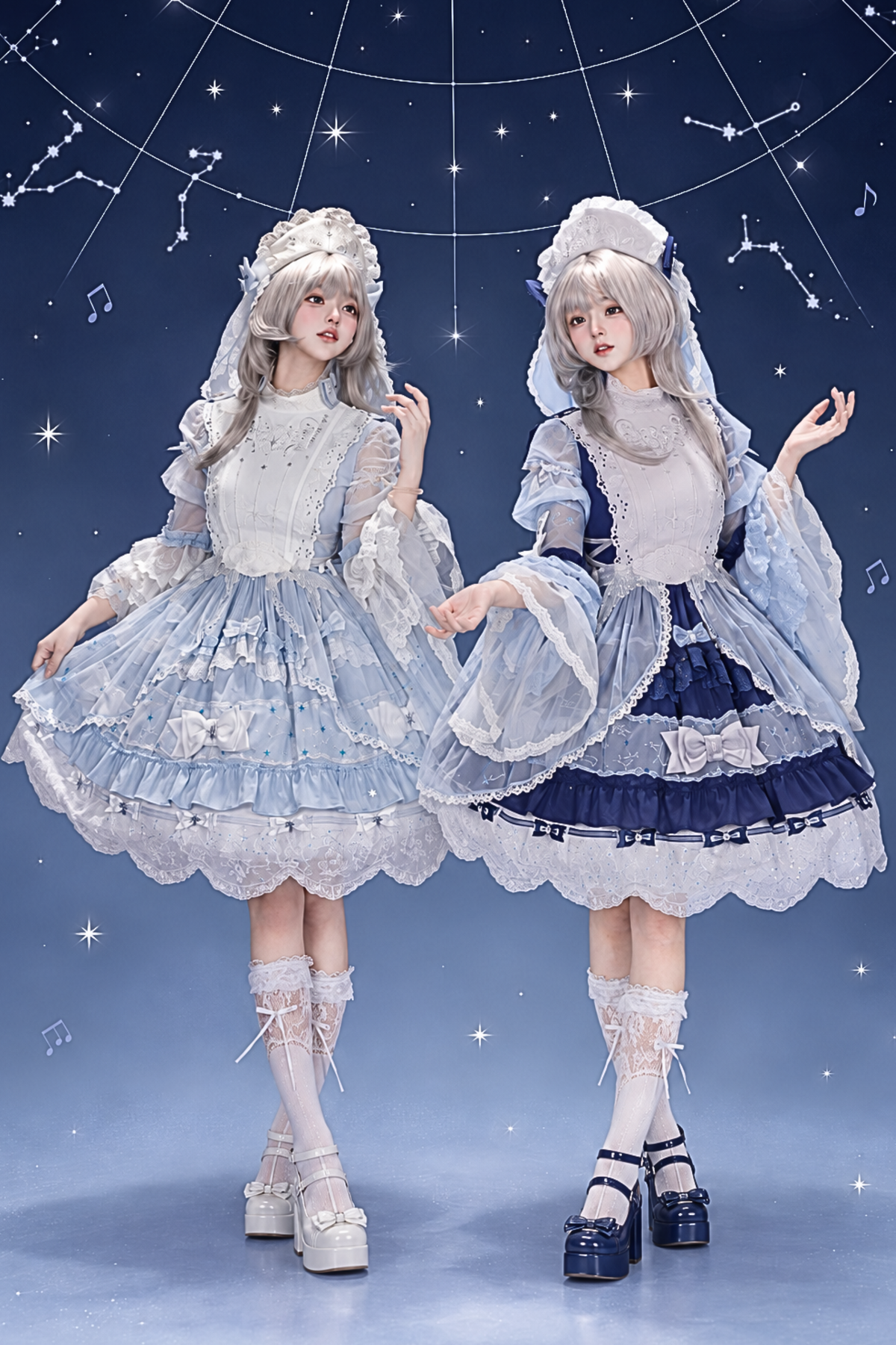 [Vorbestellschluss: 9.23] Klassisches Lolita-Kleid in Hellblau/Dunkelblau mit Himmelsstern-Stickerei, Glockenärmeln, Tülllagen und Schleife