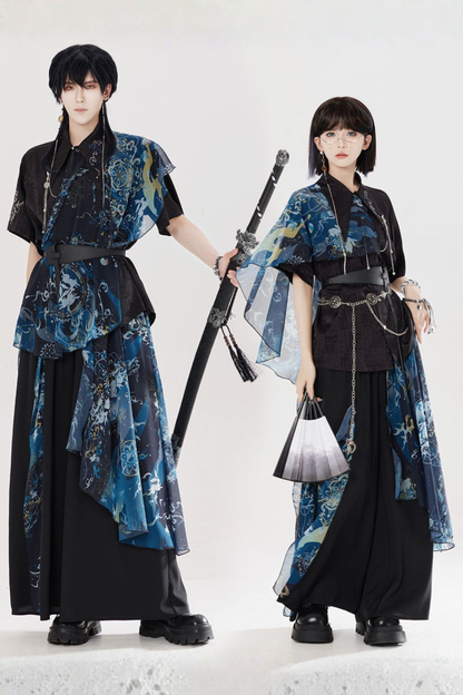 ダークチャイナシャツ+ワイドレッグパンツ+チェーン+ベルト