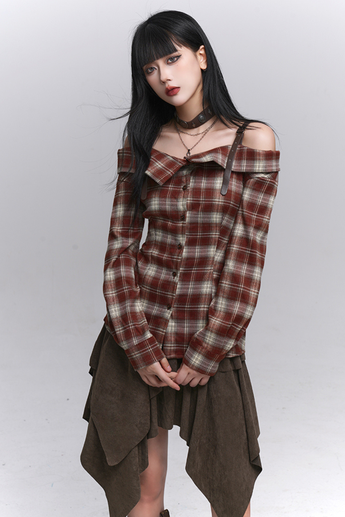 Y2Kチェックオフショルダーシャツ