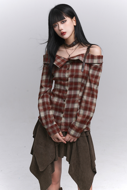 Y2Kチェックオフショルダーシャツ