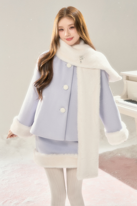 Sweet fur coat with scarf + fur skirt