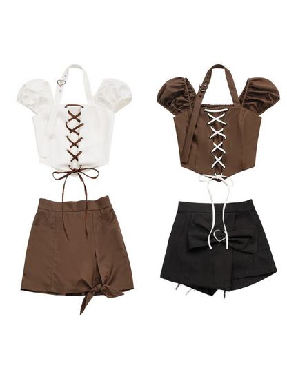 Halter neck lace-up top + heart ribbon pants Halter neck lace-up top + slit ribbon skirt