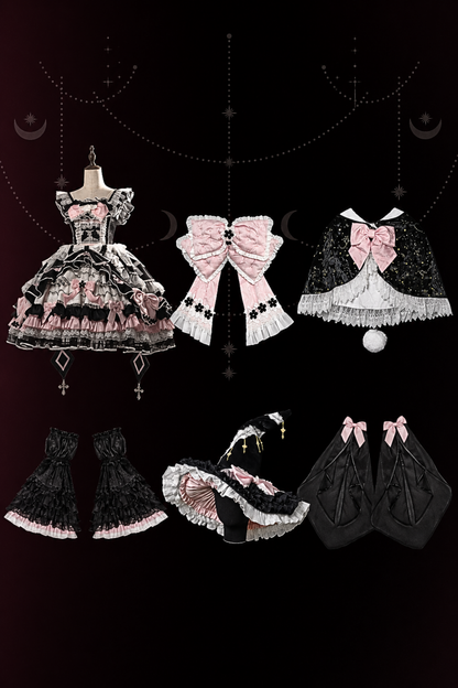 [Date limite de précommande : 14 septembre] Ensemble complet Gothic Black Pink Witch : robe JSK à croix + grande traîne à nœud + cape à capuche + manches amovibles + chapeau de sorcière + manches extérieures