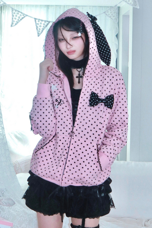 Y2Kガールドットバニーフードパーカー