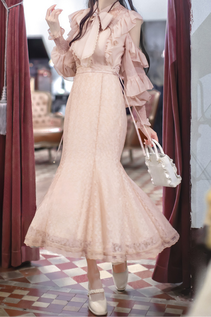 エレガントクリアシフォンビッグリボンシャツ+マーメイドスカート