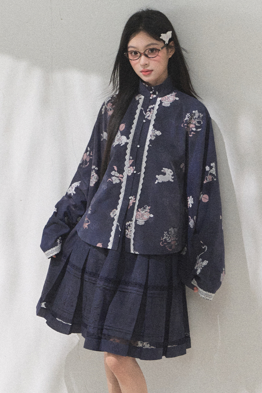 レトロスタンドカラーショートトップス+ミディアムスカート