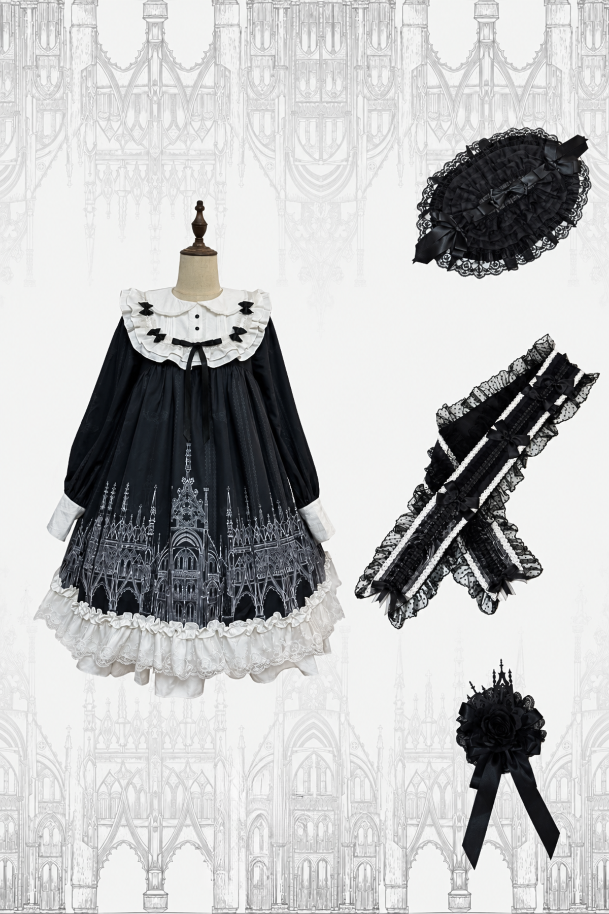 【10月13日予約締切】Gothic Doll Black White Cathedral Print Lace Trim Lolita Op Dress+ Full Dress Set (Flat Hat, Sash, Castle Flower Brooch)