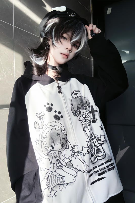 アニメガールイラストバイカラーフードパーカー