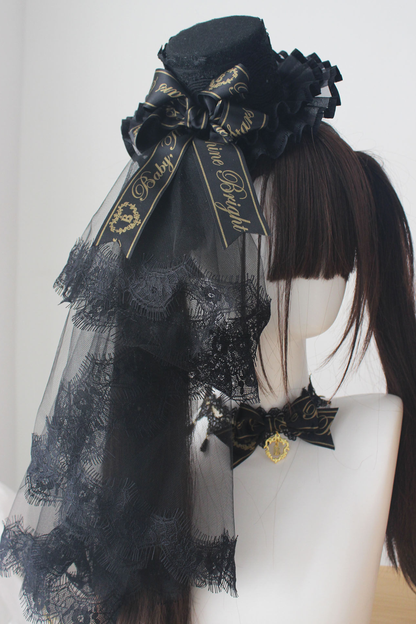 ブラックゴールドロリータヘッドバンド+リボンカチューシャ+チョーカー+ハットベール+スリーブ