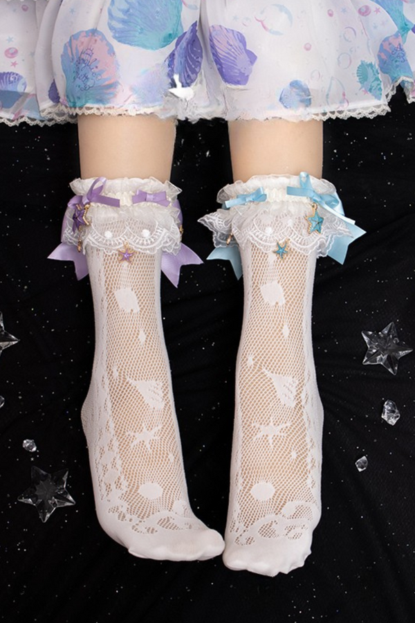 Asymmetrical ribbon sheer lace socks