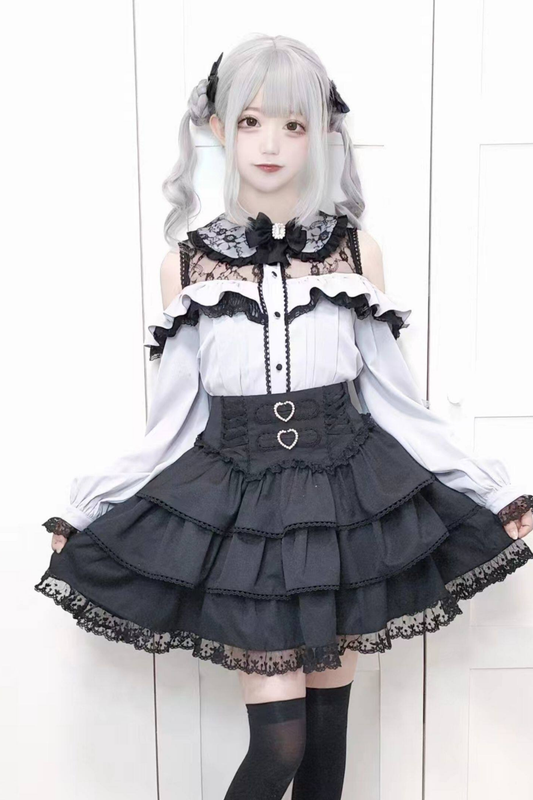 레이스 오프숄더 셔츠 + 스커트