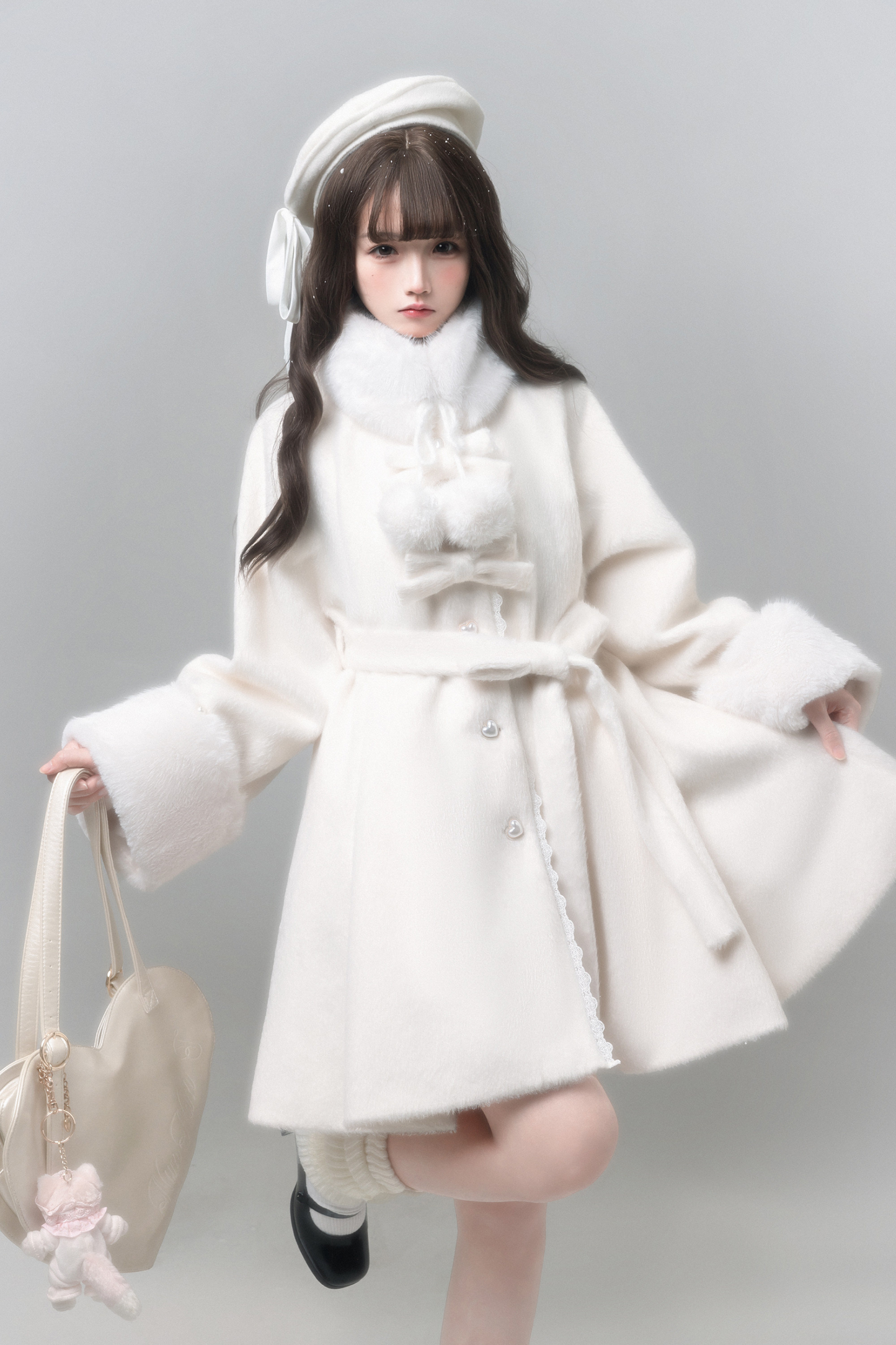 ピュアガーリースタイルコート+シャツ+ファーカラー+スカート