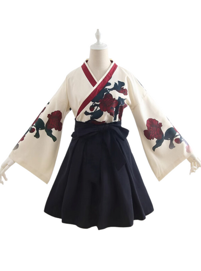Japanese floral print kimono shirt + ribbon hakama style skirt