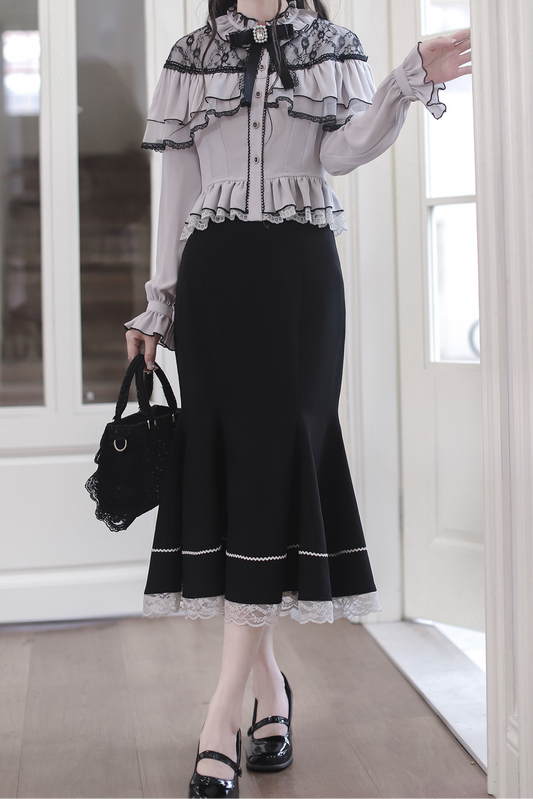 シフォンレースシャツ+フィッシュテールスカート+リボン