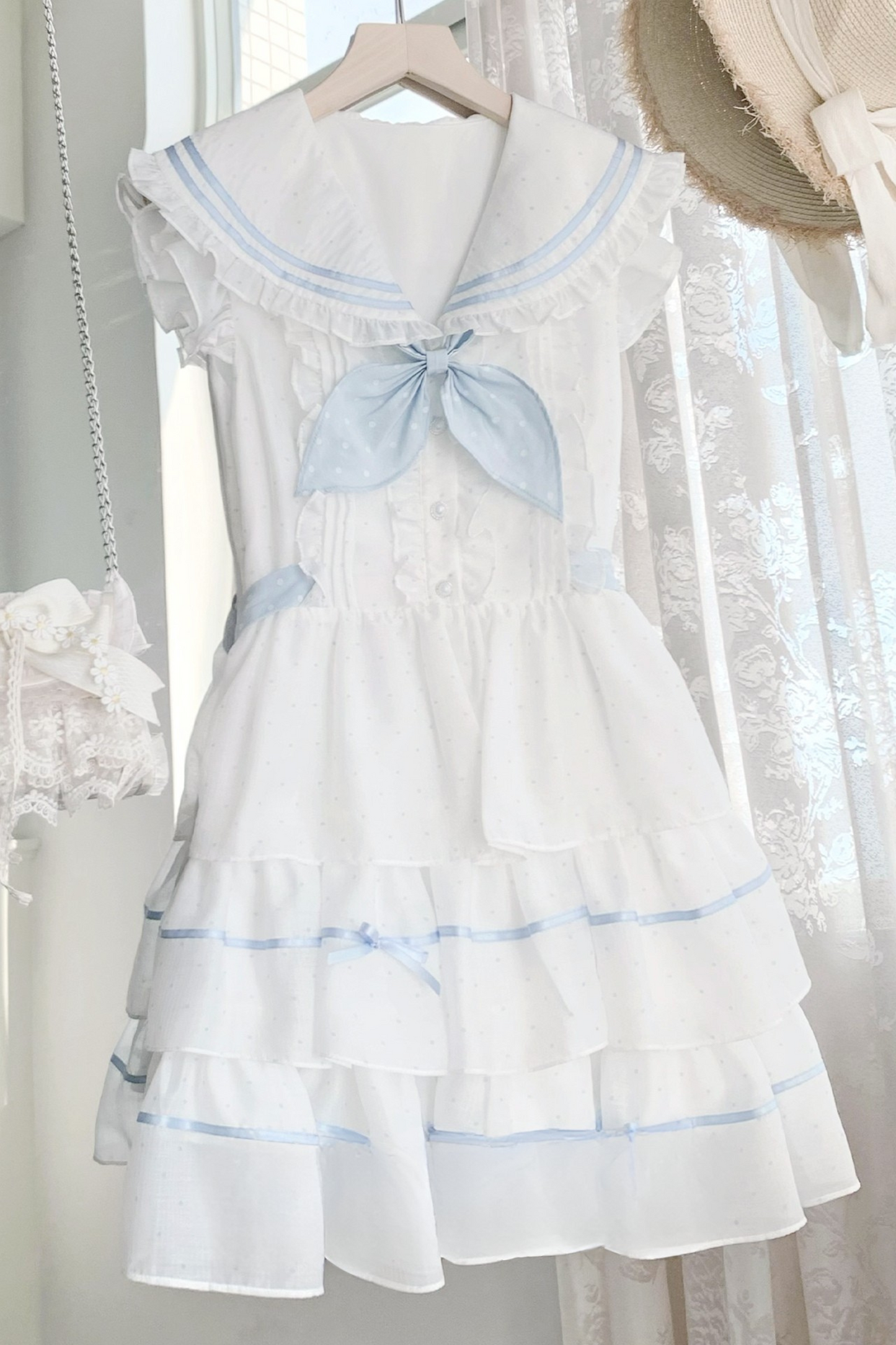 ドットノースリーブリボンセーラーワンピース