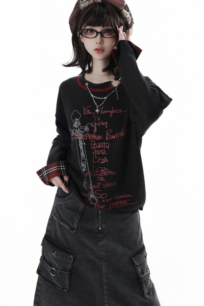 ダークトップス+デニムスカート+チェックウエストアクセサリー