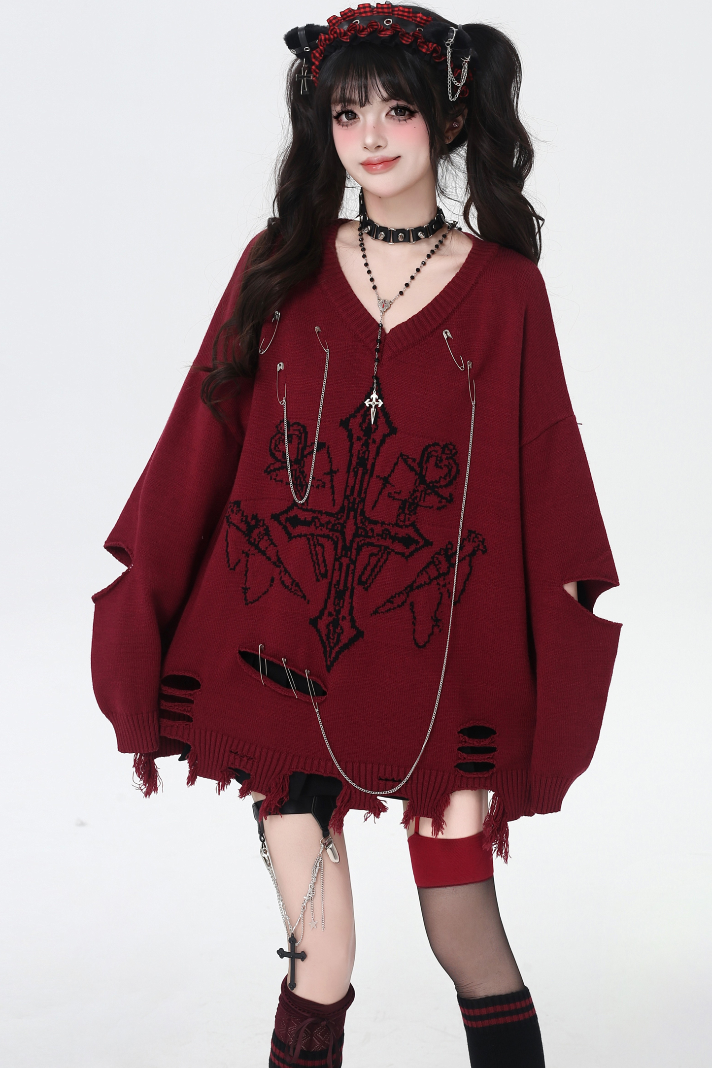 ゴシックライトアジアンVネックニッチルーズセーター