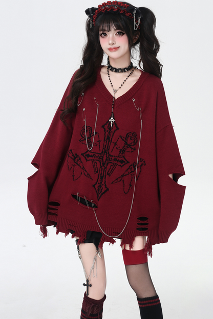 ゴシックライトアジアンVネックニッチルーズセーター