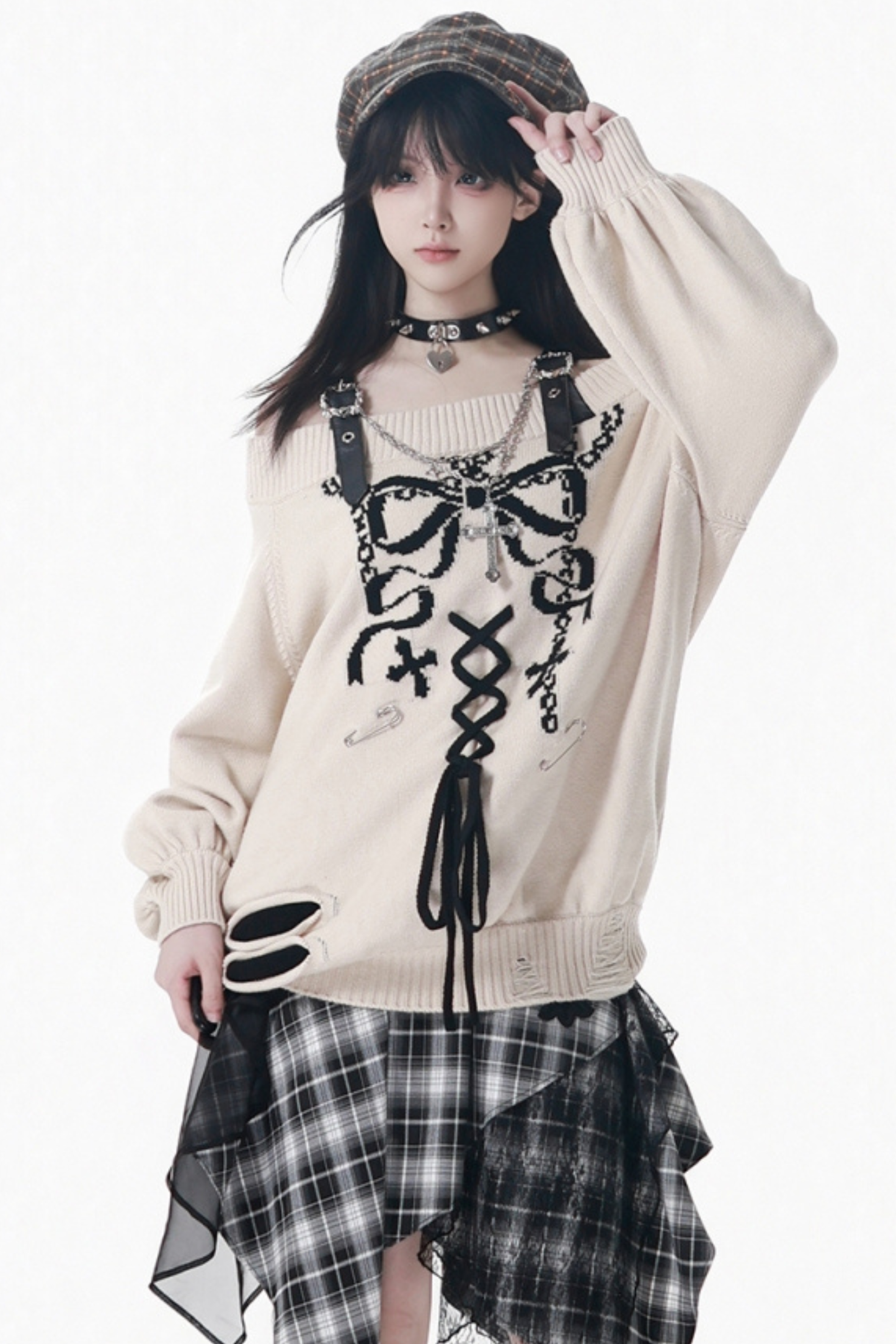 One-Shoulder Ribbon Top + Checked Asymmetrical Skirt