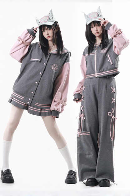 세일러 칼라 재킷 + 플리츠 스커트 + 롱 팬츠