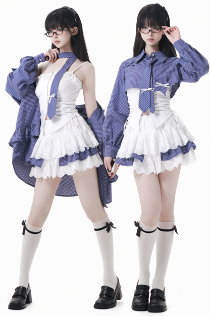 Check Tie Blouse Ursus Camisole + Skirt + Short Top