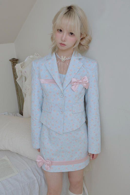 Floral Sweet Ribbon Jacket + Tight Skirt