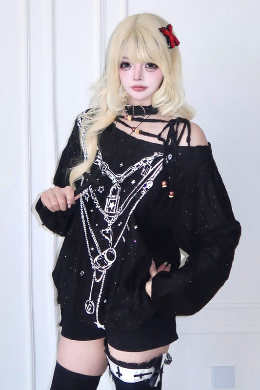 ゴシックランドネックレスワンショルダートップス