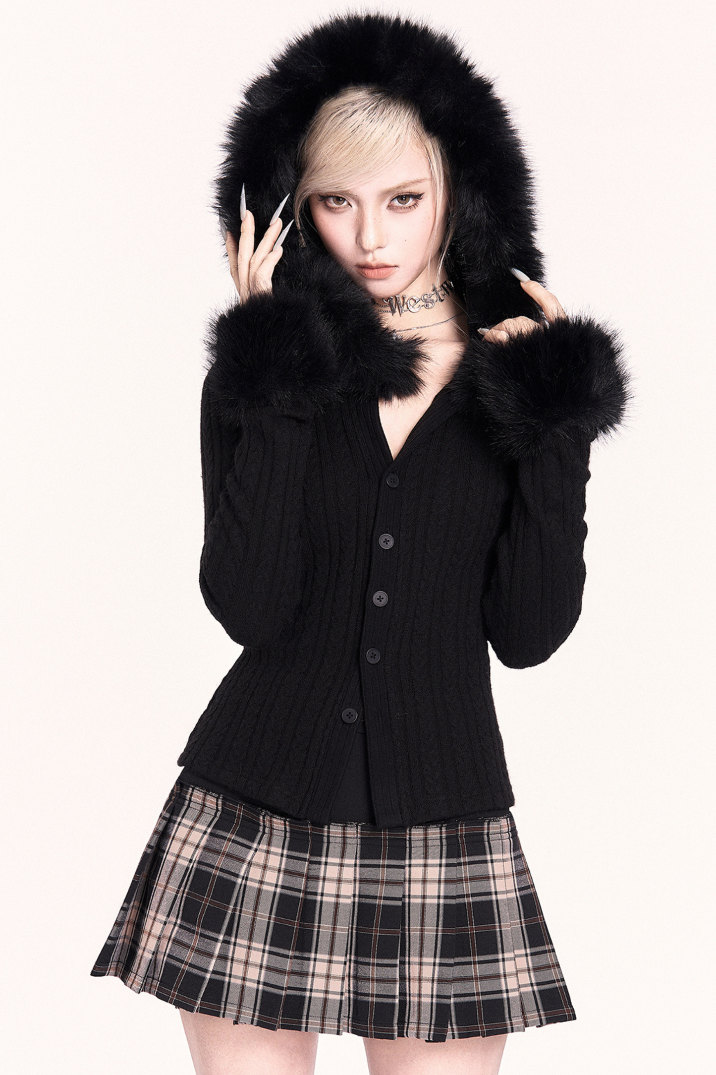 モードファーフードニットジャケット