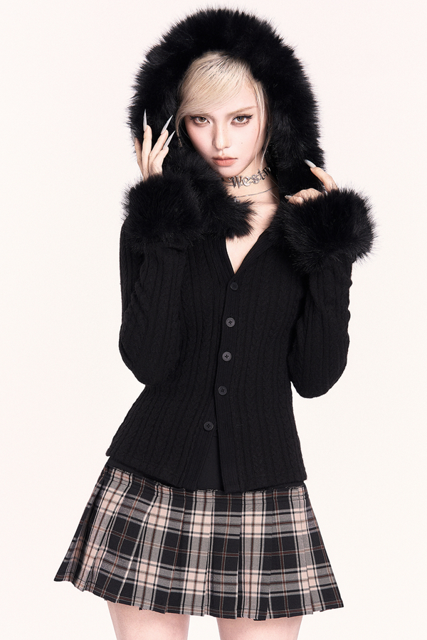 モードファーフードニットジャケット