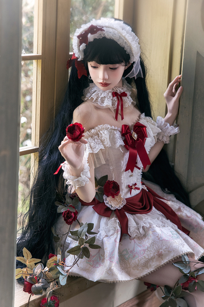 白雪プリンセスロリータドレス+ボンネット+レースチョーカー
