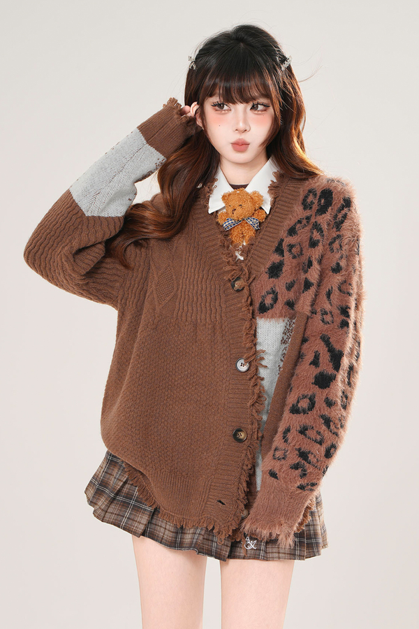 Asymmetrical Leopard Knit Cardigan