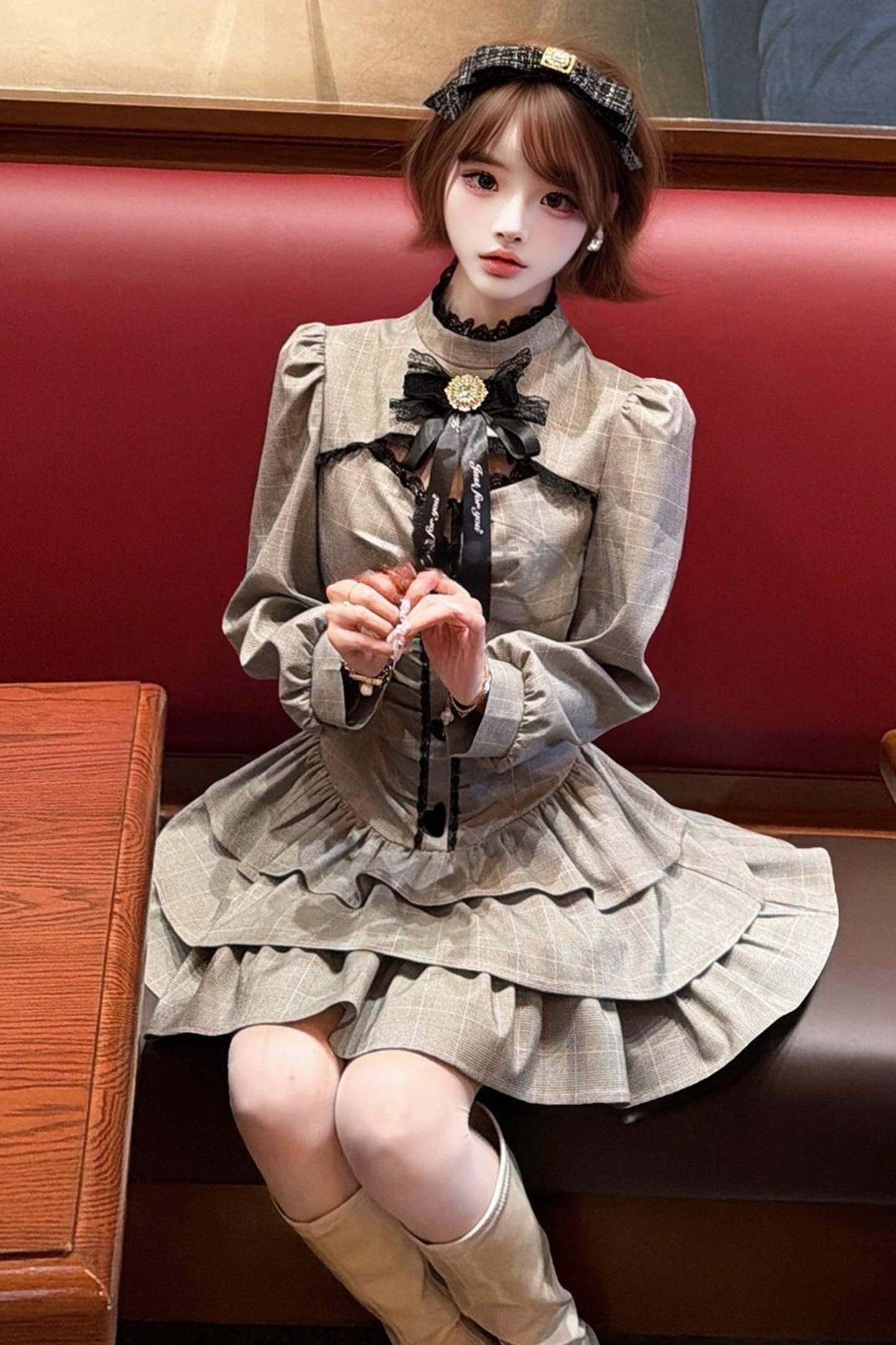 Check High Neck Puff Sleeve Dress