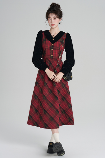 レッドレトロチェックツイードドレス