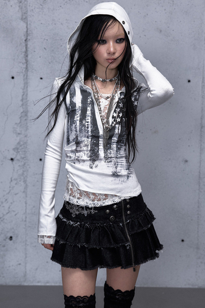 레이스 패치워크 타이트 후드 파커