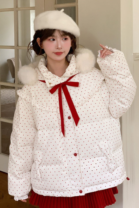 レッドドットリボンフードダウンジャケット