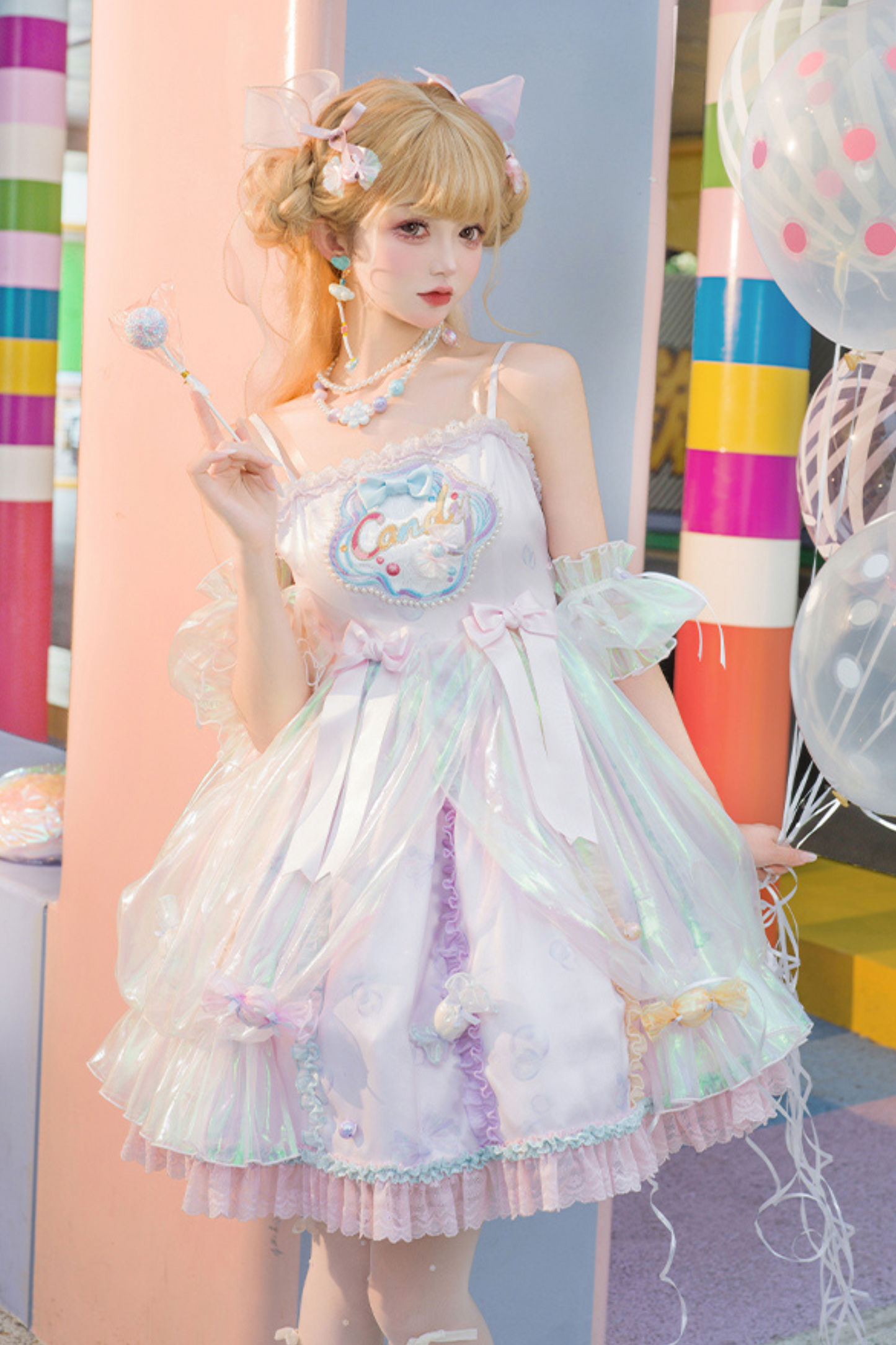 キャンデーポップバルーンロリータジャンパースカート+パールネックレス