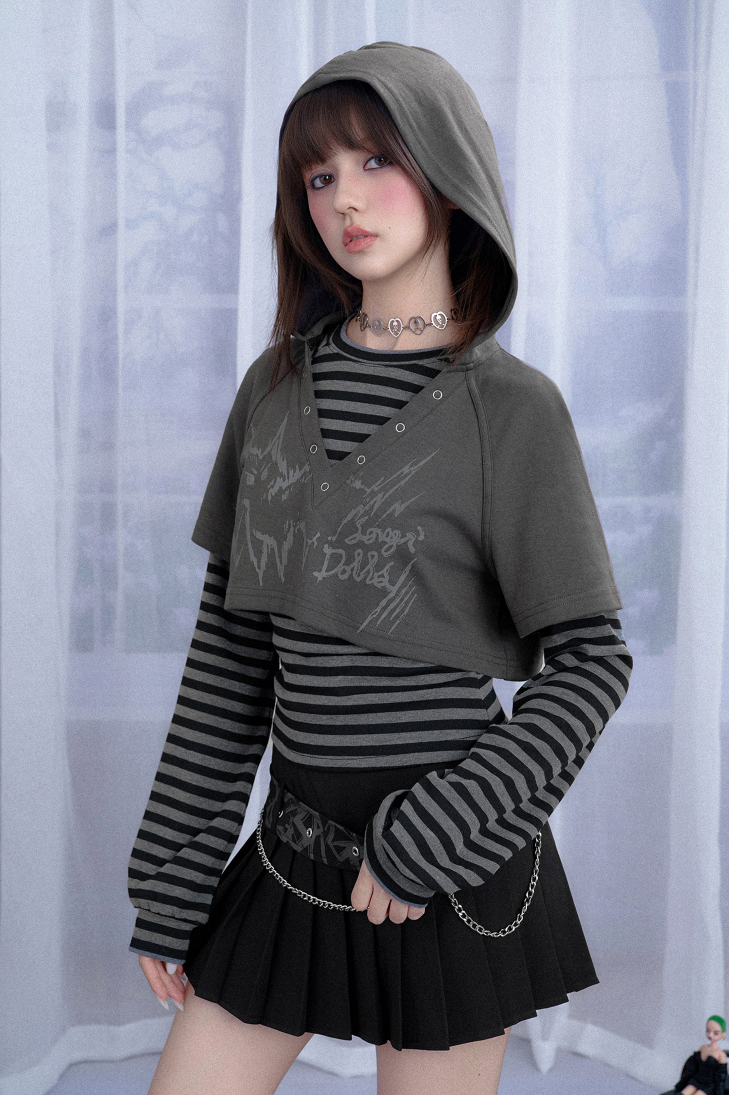 ボーダーツーピーススーツフードトップス