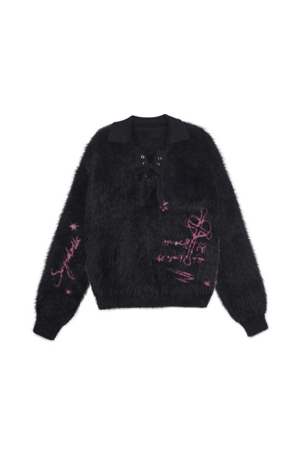 Lace-up V-neck fur top