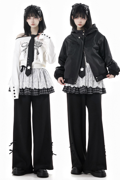 One-shoulder top + pants + hooded par jacket + skirt