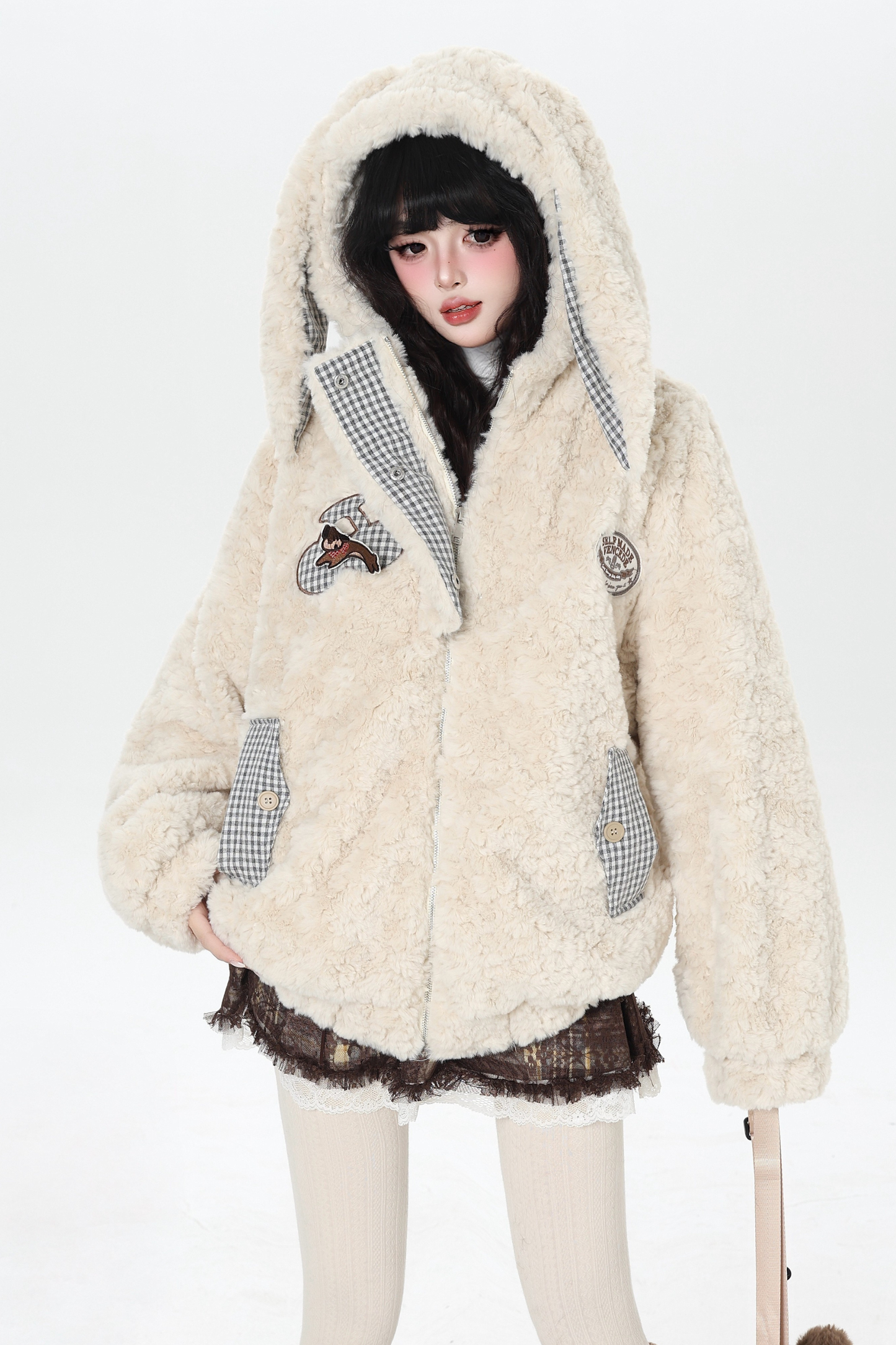 Check Long Bunny Ear Fur Jacket